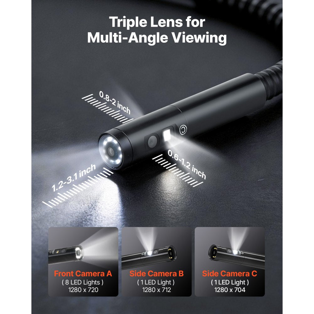VEVOR Triple Lens Endoscope with Dual-Cable Setup, Industrial Borescope with Light, 7" HD IPS Spilt-Screen, 8 + 2 LEDs
