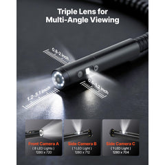 VEVOR Triple Lens Endoscope with Dual-Cable Setup, Industrial Borescope with Light, 7" HD IPS Spilt-Screen, 8 + 2 LEDs