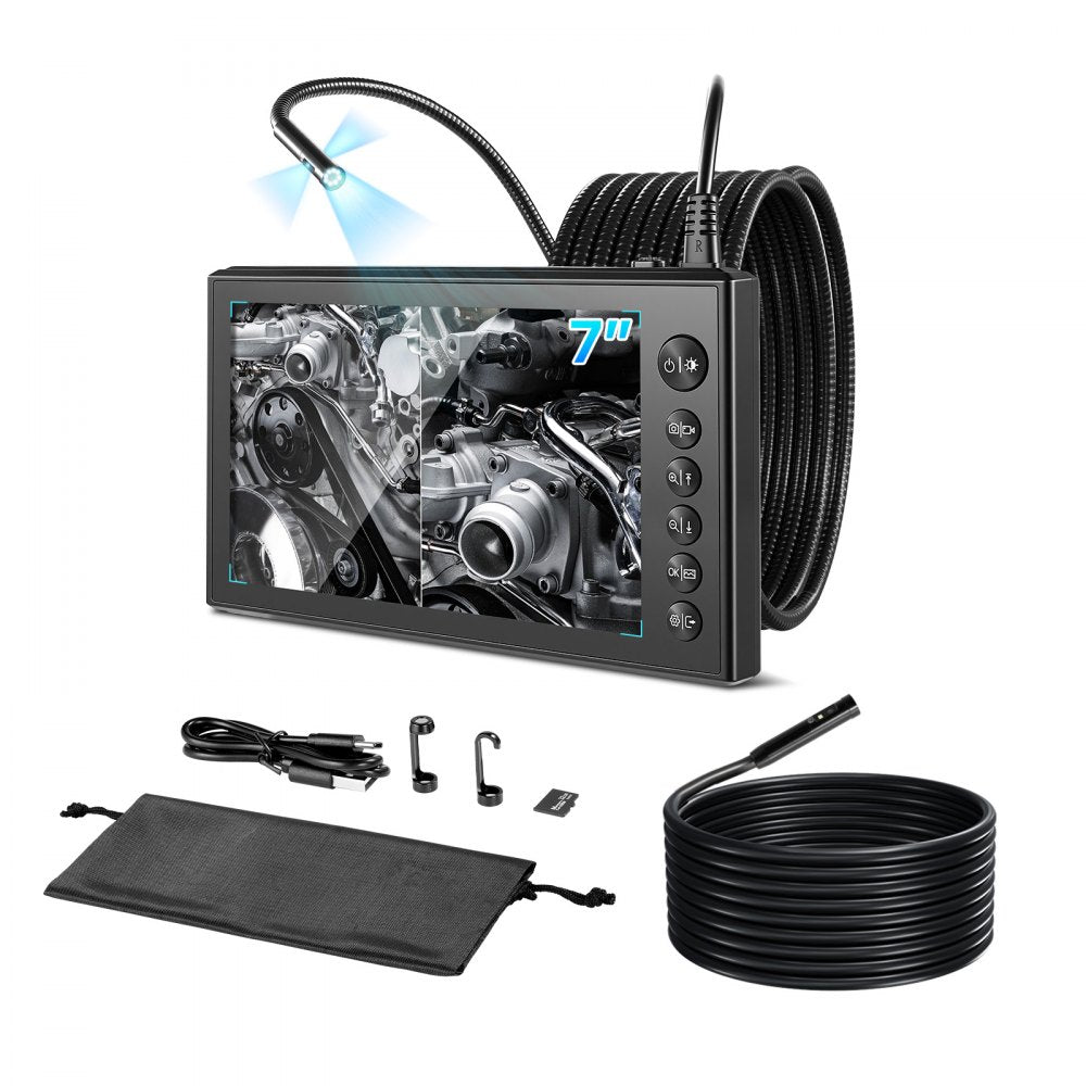 VEVOR Triple Lens Endoscope with Dual-Cable Setup, Industrial Borescope with Light, 7" HD IPS Spilt-Screen, 8 + 2 LEDs