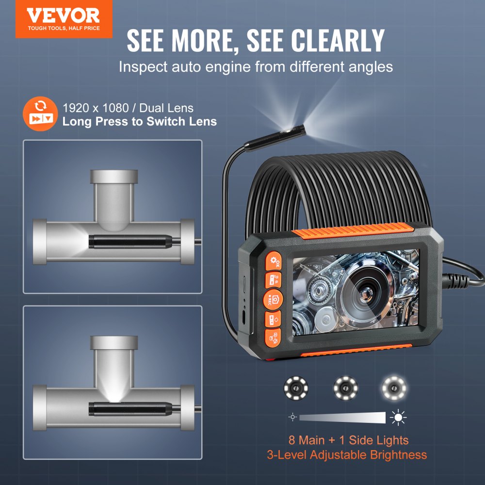 VEVOR Endoscope Camera with Light, Dual Lens Borescope with 49.2FT Semi-Rigid Cable, 4.3" Screen 1080P Inspection