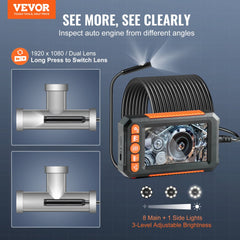 VEVOR Endoscope Camera with Light, Dual Lens Borescope with 49.2FT Semi-Rigid Cable, 4.3" Screen 1080P Inspection