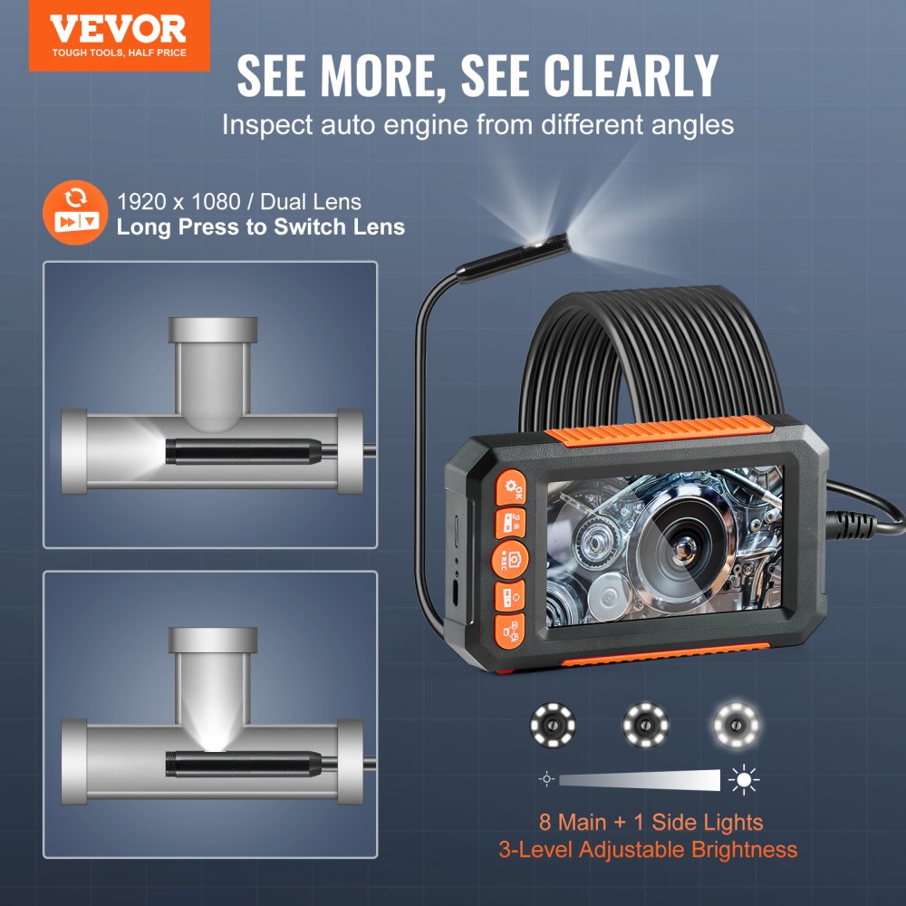 VEVOR Endoscope Camera with Light, Dual Lens Industrial Borescope, 4.3" Screen 1080P Inspection Camera, 8 + 1 Lights
