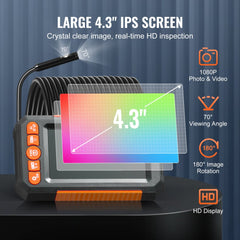 VEVOR Endoscope Camera with Light, Dual Lens Industrial Borescope, 4.3" Screen 1080P Inspection Camera, 8 + 1 Lights