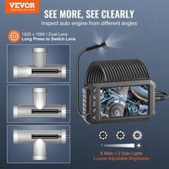 VEVOR Endoscope Camera with Light, Triple Lens Borescope with 49.2FT Semi-Rigid Cable, 5" Screen 1080P Inspection