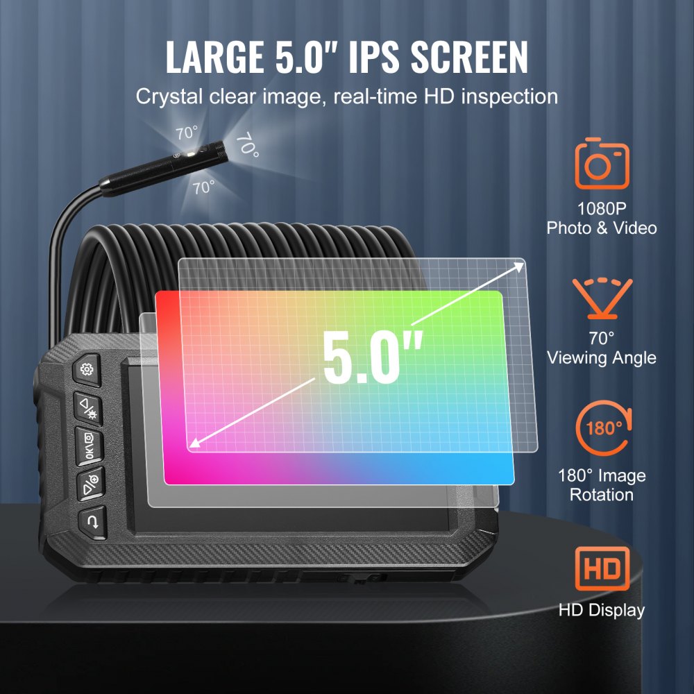 VEVOR Endoscope Camera with Light, Triple Lens Borescope with 49.2FT Semi-Rigid Cable, 5" Screen 1080P Inspection
