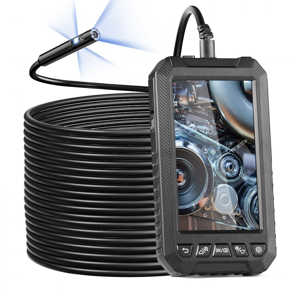 VEVOR Endoscope Camera with Light, Triple Lens Borescope with 49.2FT Semi-Rigid Cable, 5" Screen 1080P Inspection