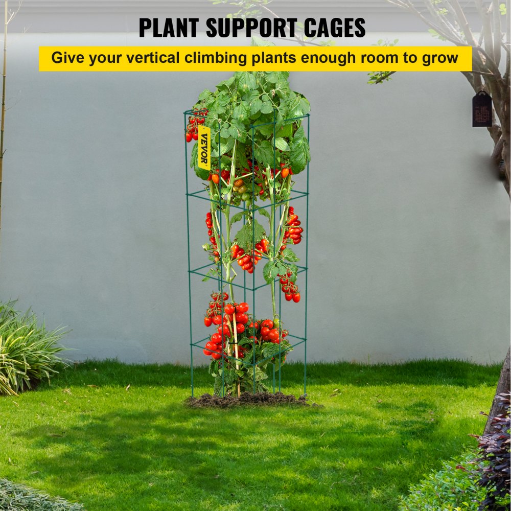 VEVOR Tomato Cages, 14.6" x 14.6" x 39.4", 6 Packs Square Plant Support Cages, Green PVC-Coated Steel Tomato Towers for