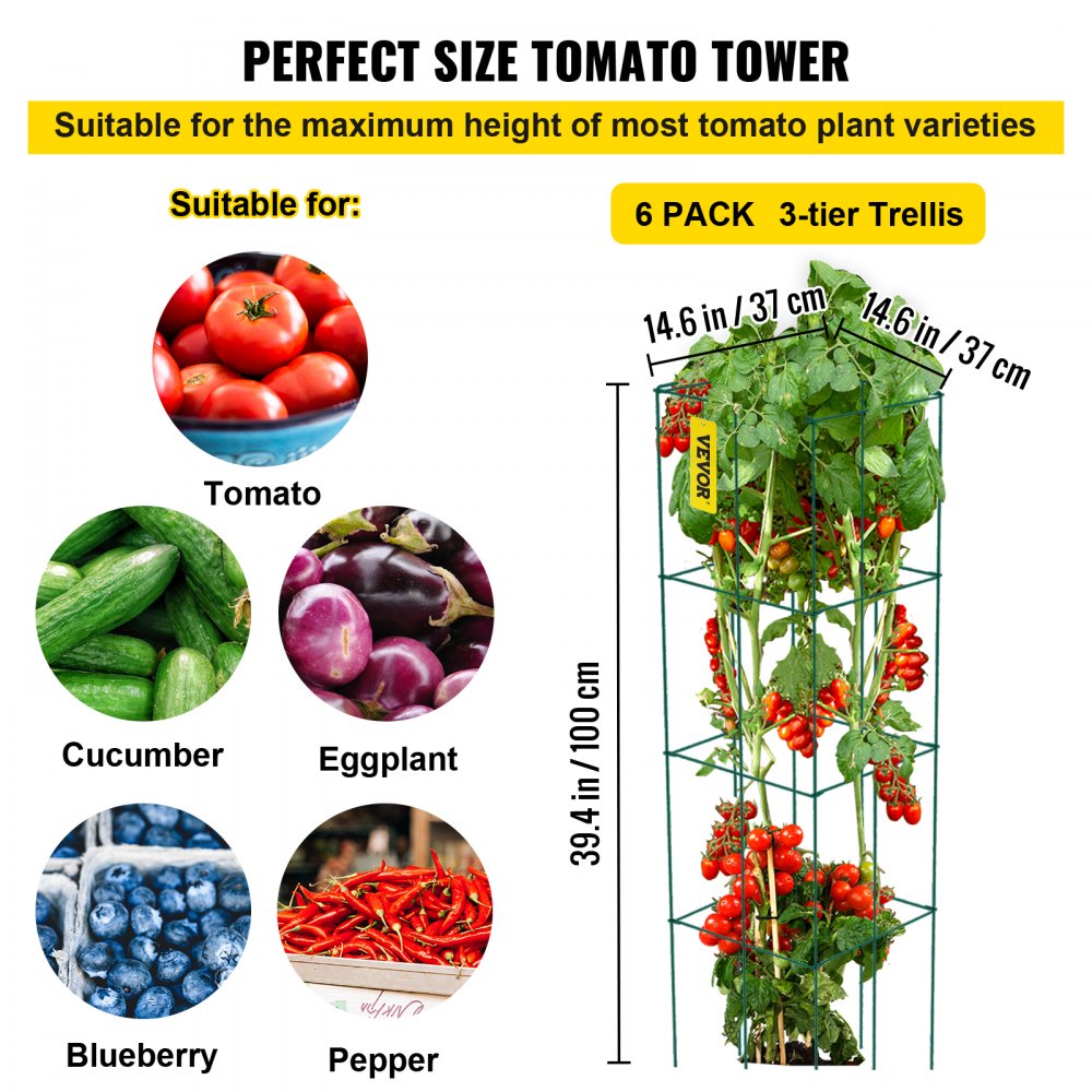 VEVOR Tomato Cages, 14.6" x 14.6" x 39.4", 6 Packs Square Plant Support Cages, Green PVC-Coated Steel Tomato Towers for