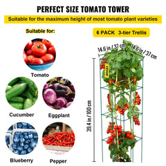 VEVOR Tomato Cages, 14.6" x 14.6" x 39.4", 6 Packs Square Plant Support Cages, Green PVC-Coated Steel Tomato Towers for