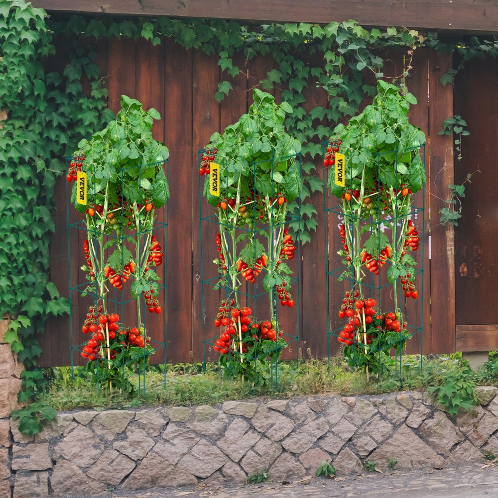 VEVOR Tomato Cages, 14.6" x 14.6" x 39.4", 6 Packs Square Plant Support Cages, Green PVC-Coated Steel Tomato Towers for