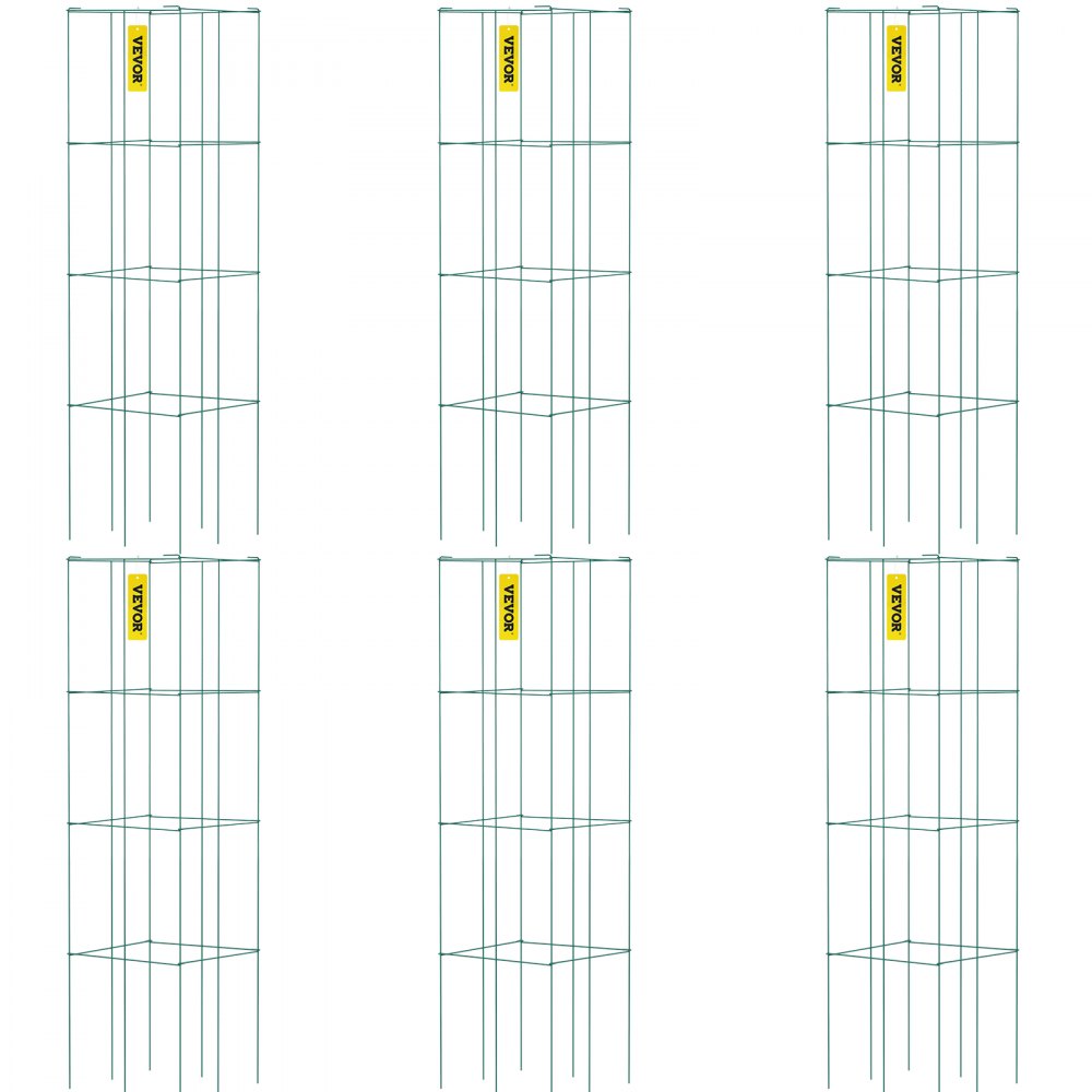 VEVOR Tomato Cages, 14.6" x 14.6" x 39.4", 6 Packs Square Plant Support Cages, Green PVC-Coated Steel Tomato Towers for