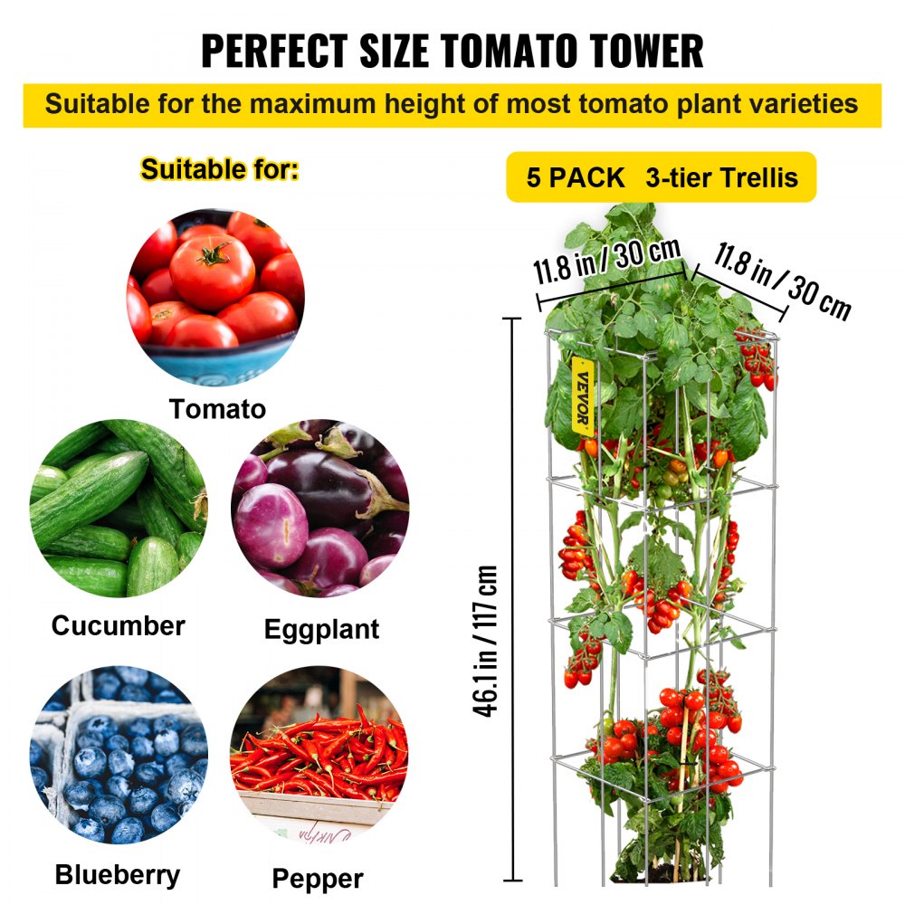 VEVOR Tomato Cages, 11.8" x 11.8" x 46.1", 5 Packs Square Plant Support Cages, Silver PVC-Coated Steel Tomato Towers