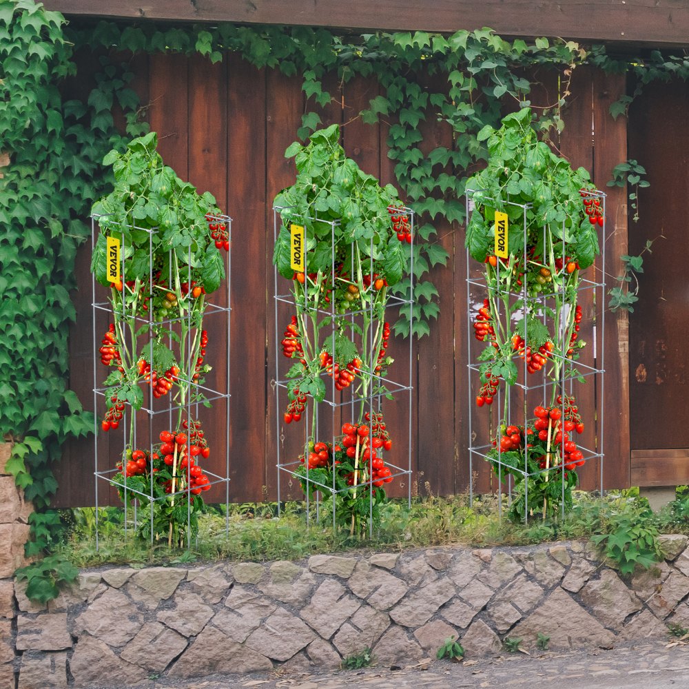VEVOR Tomato Cages, 11.8" x 11.8" x 46.1", 5 Packs Square Plant Support Cages, Silver PVC-Coated Steel Tomato Towers