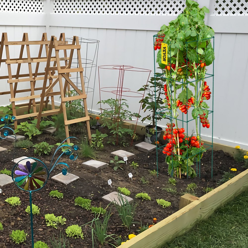 VEVOR Tomato Cages, 11.8" x 11.8" x 46.1", 10 Packs Square Plant Support Cages, Green PVC-Coated Steel Tomato Towers
