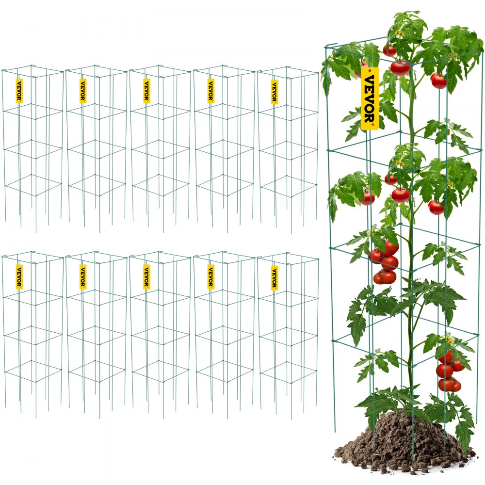 VEVOR Tomato Cages, 11.8" x 11.8" x 46.1", 10 Packs Square Plant Support Cages, Green PVC-Coated Steel Tomato Towers