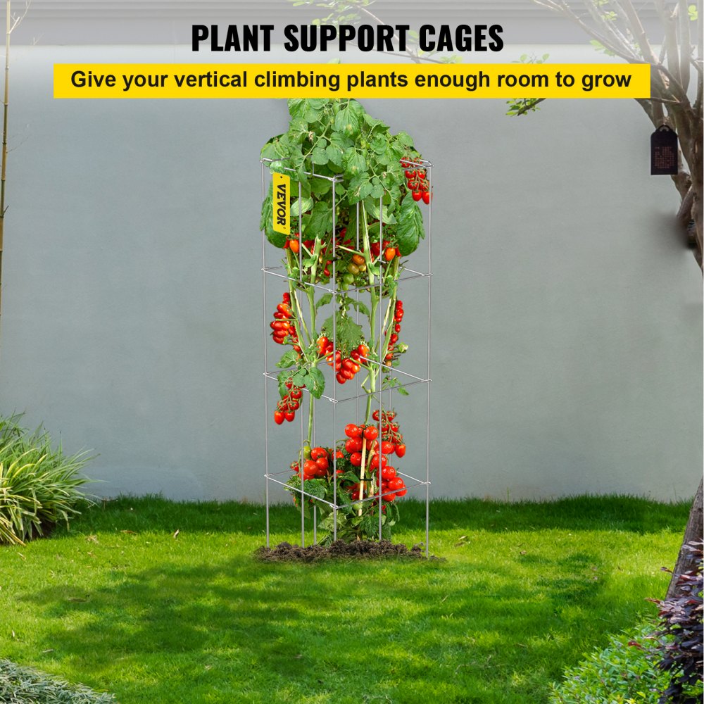 VEVOR Tomato Cages, 11.8" x 11.8" x 46.1", 10 Packs Square Plant Support Cages, Silver PVC-Coated Steel Tomato Towers