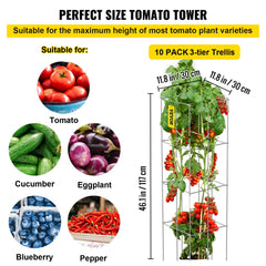 VEVOR Tomato Cages, 11.8" x 11.8" x 46.1", 10 Packs Square Plant Support Cages, Silver PVC-Coated Steel Tomato Towers