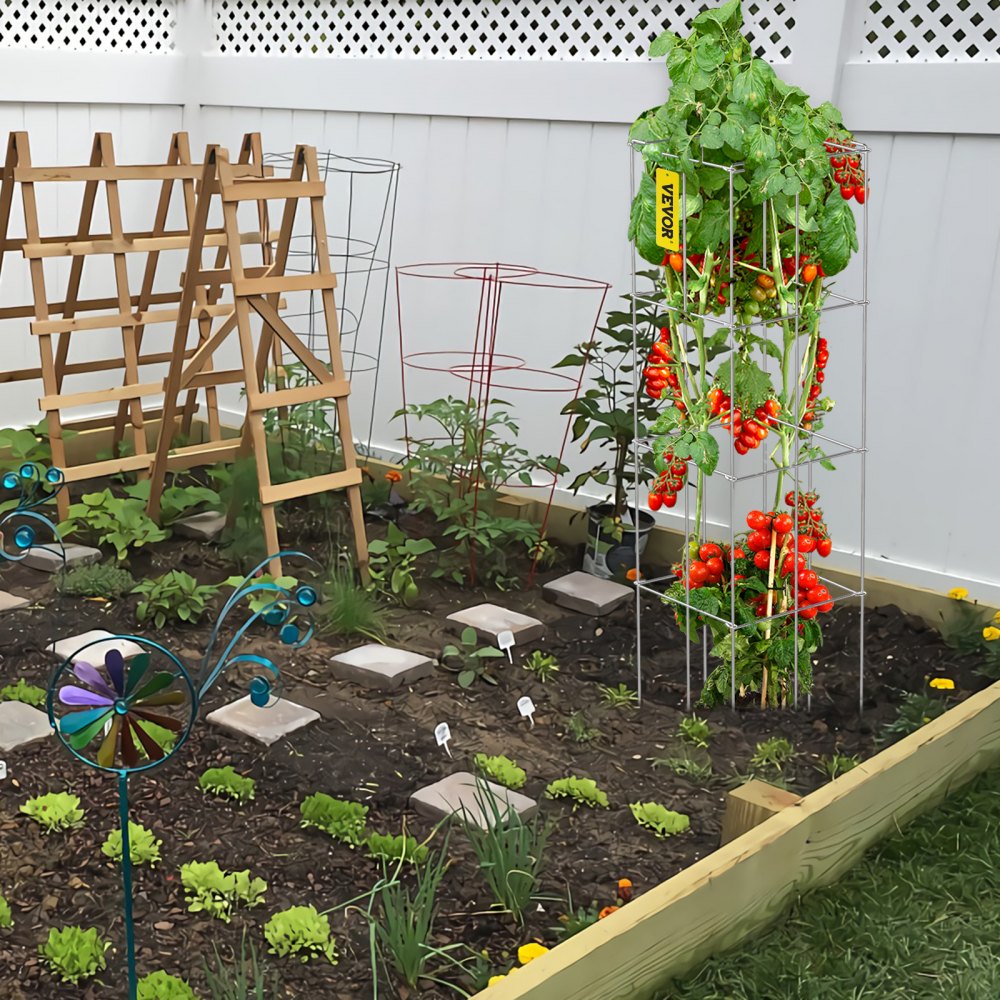 VEVOR Tomato Cages, 11.8" x 11.8" x 46.1", 10 Packs Square Plant Support Cages, Silver PVC-Coated Steel Tomato Towers