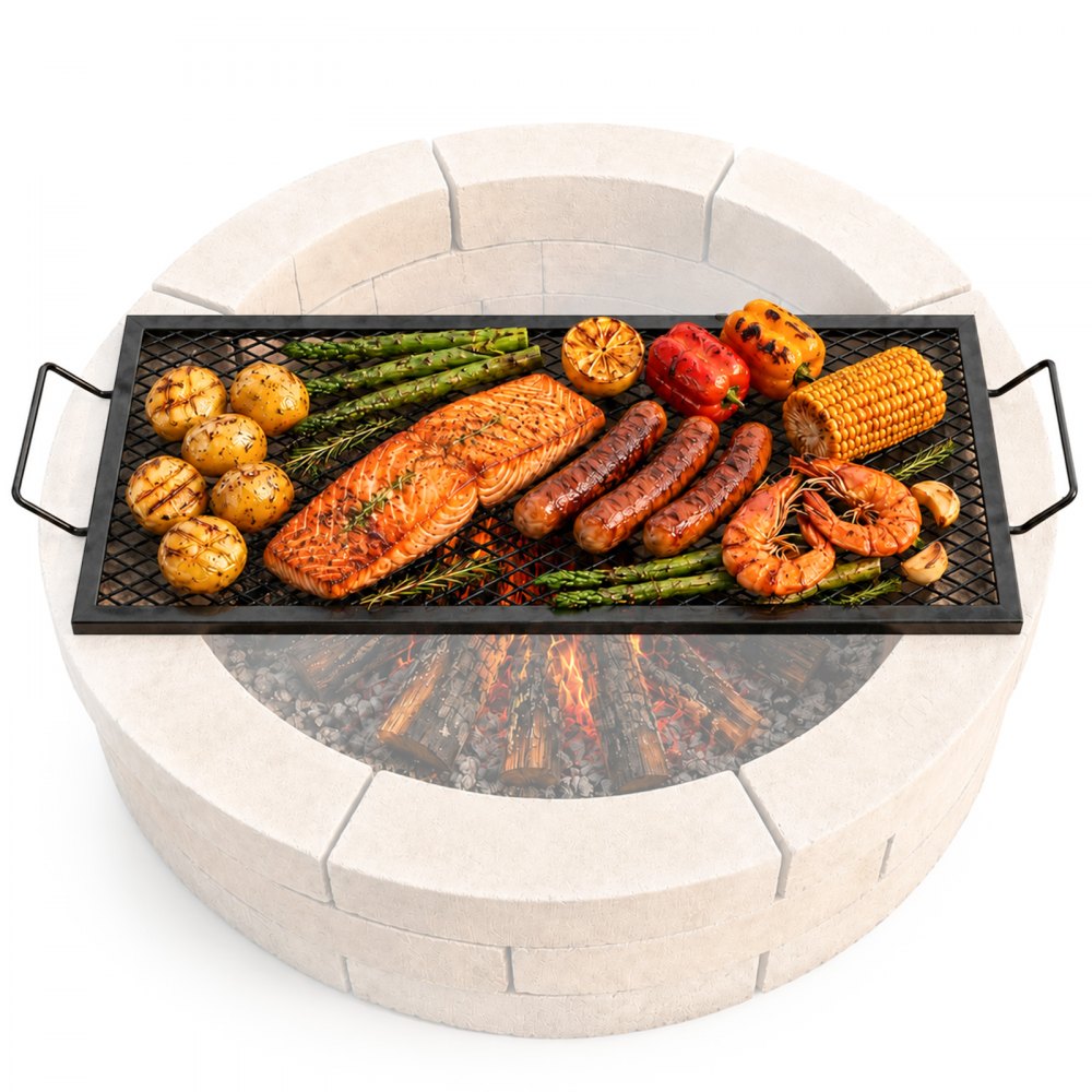 VEVOR X-Marks Fire Pit Grill Grate, Rectangle Cooking Grate, Heavy Duty Steel Campfire BBQ Grill Grid with Handle &