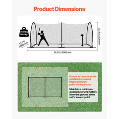 VEVOR Baseball Batting Cage, 19.9 x 12.0 x 8.2 FT Freestanding Portable Batting Cage, Hitting Cages with 30-Ply Knotted