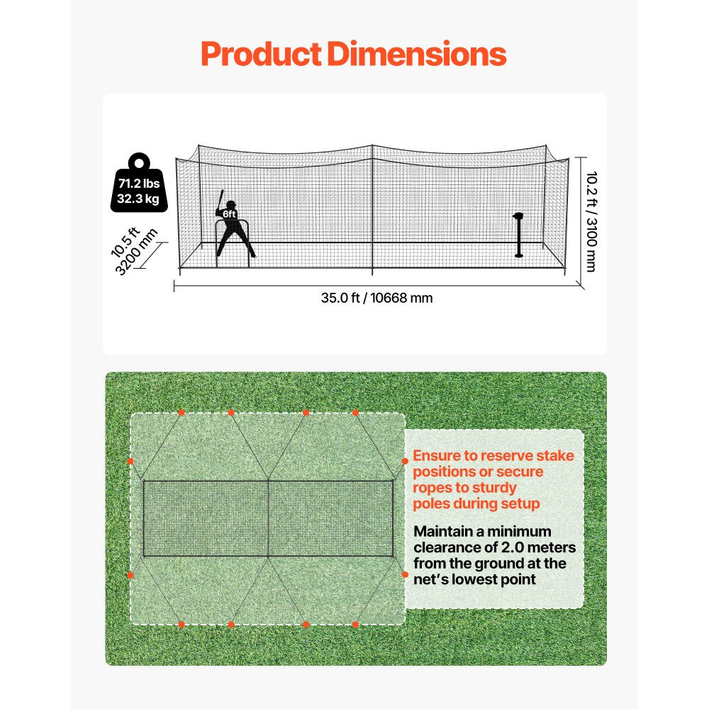 VEVOR Baseball Batting Cage, 35.0 x 10.5 x 10.2 FT Freestanding Portable Batting Cage, Hitting Cages with 45-Ply
