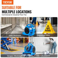 VEVOR Floor Blower, 1360 RPM 600 CFM, Air Mover for Drying and Cooling, Portable Carpet Dryer Fan with 4 Blowing