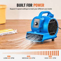 VEVOR Floor Blower, 1360 RPM 600 CFM, Air Mover for Drying and Cooling, Portable Carpet Dryer Fan with 4 Blowing