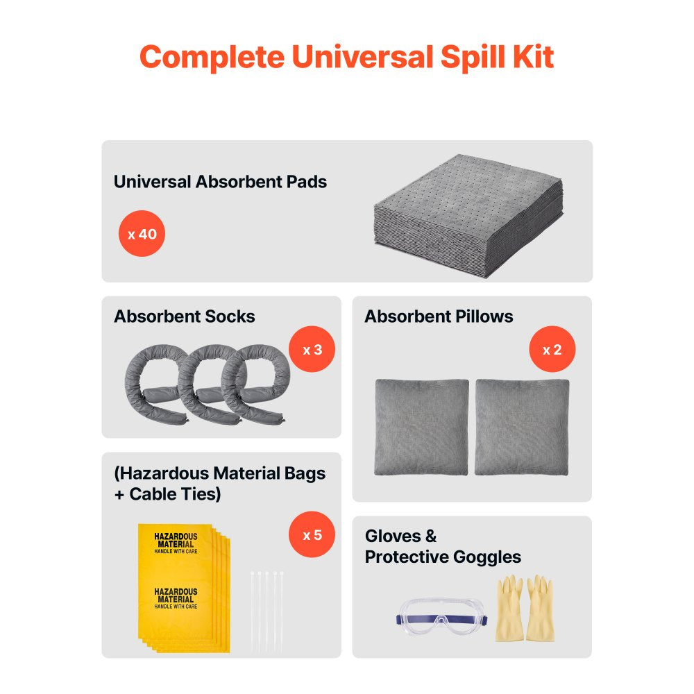 VEVOR Complete Spill Absorbent Kit for Oil & Water, 40PCS Heavy-Duty Oil Absorbent Pads, 3 Socks, 2 Pillows, 5
