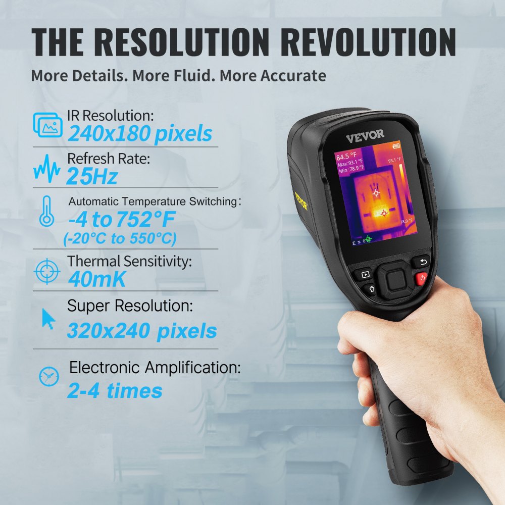 VEVOR Thermal Imaging Camera, 320 x 240 Pixels Super Resolution, 25Hz Refresh Rate Infrared Camera with -4 to 752°F