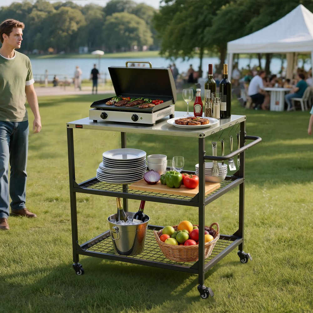 VEVOR Outdoor Grill Cart, 31.5 x 24.0 inch Stainless Steel Tabletop Size Grilling Table, Outdoor Cooking Table with 4