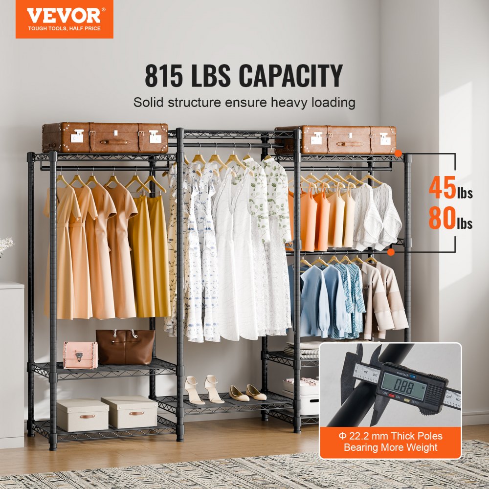 VEVOR Heavy Duty Clothes Rack, Rolling Clothing Garment Rack with 4 Hang Rods & 8 Storage Tiers, Adjustable Custom