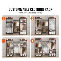 VEVOR Heavy Duty Clothes Rack, Rolling Clothing Garment Rack with 4 Hang Rods & 8 Storage Tiers, Adjustable Custom