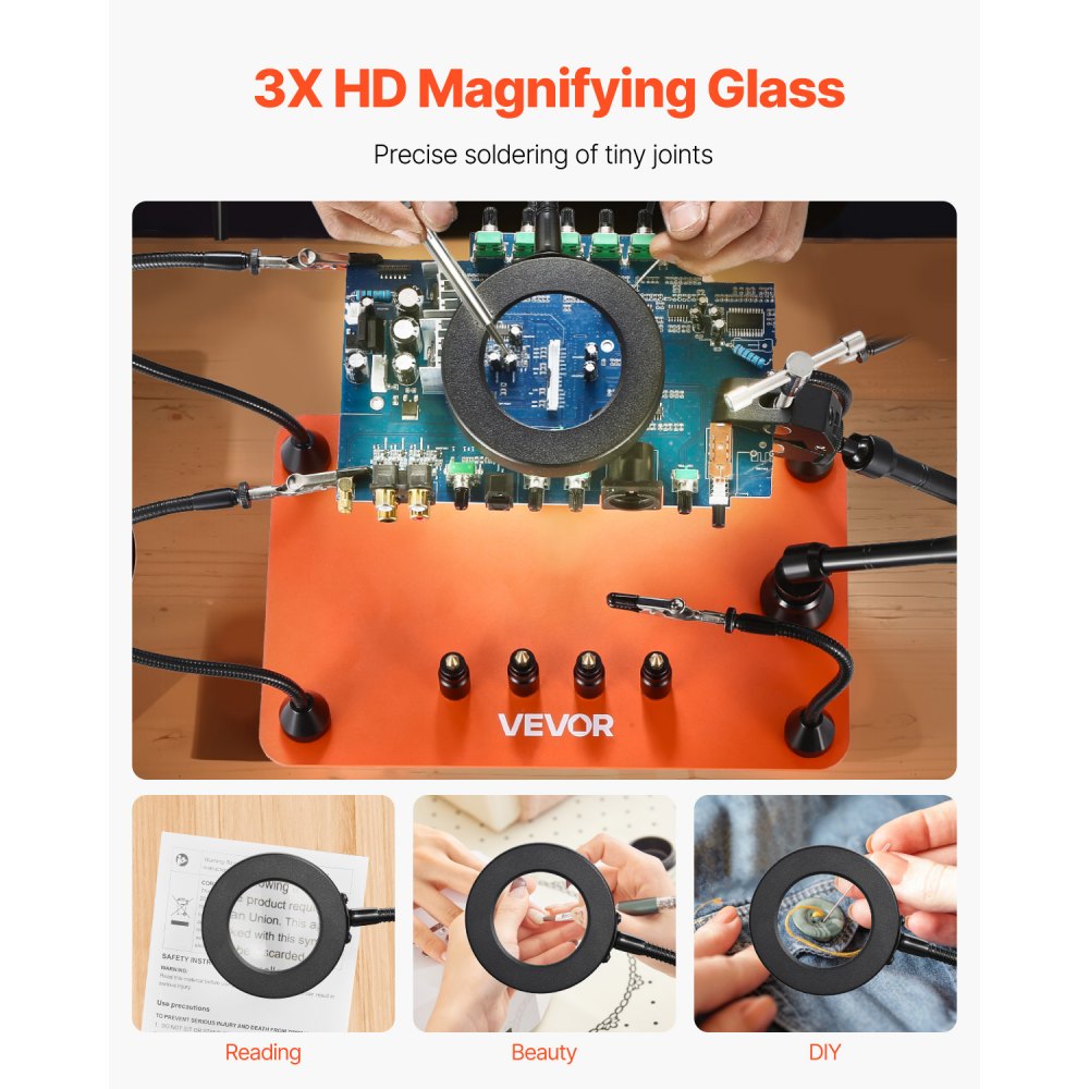 VEVOR Magnetic Helping Hands Soldering Station, Third Hand Soldering Tool with 3X LED Magnifying Lamp, 4 PCB Holders &