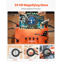 VEVOR Magnetic Helping Hands Soldering Station, Third Hand Soldering Tool with 3X LED Magnifying Lamp, 4 PCB Holders &