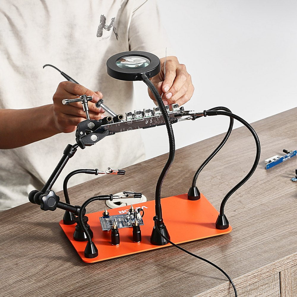 VEVOR Magnetic Helping Hands Soldering Station, Third Hand Soldering Tool with 3X LED Magnifying Lamp, 4 PCB Holders &