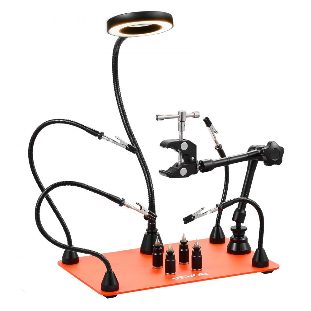 VEVOR Magnetic Helping Hands Soldering Station, Third Hand Soldering Tool with 3X LED Magnifying Lamp, 4 PCB Holders &