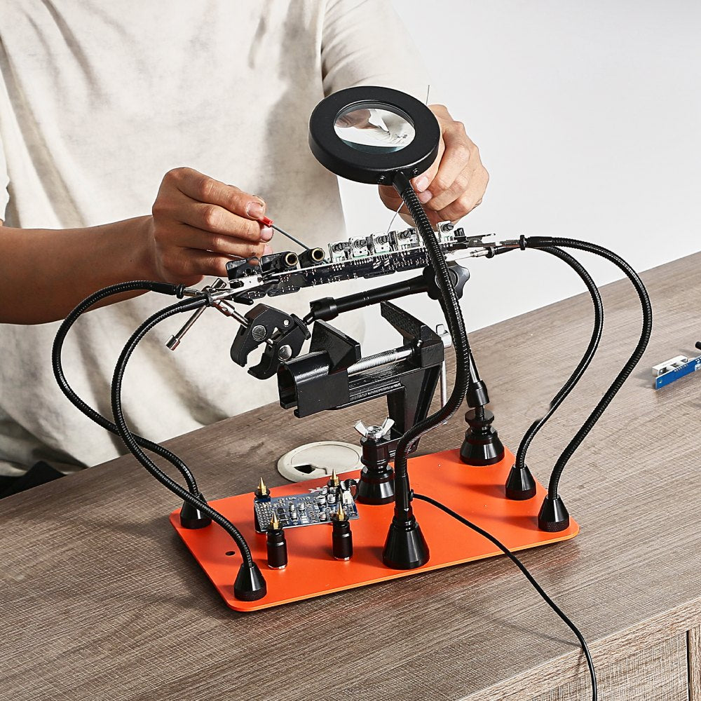 VEVOR Magnetic Helping Hands Soldering Station, 4 Arms Third Hand Tool, with Vise, 3X LED Magnifying Lamp, 4 PCB Holder