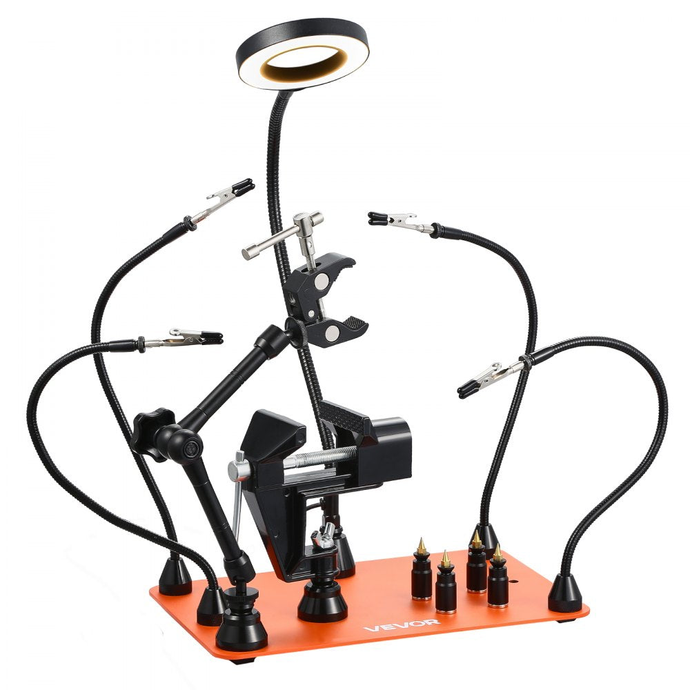 VEVOR Magnetic Helping Hands Soldering Station, 4 Arms Third Hand Tool, with Vise, 3X LED Magnifying Lamp, 4 PCB Holder