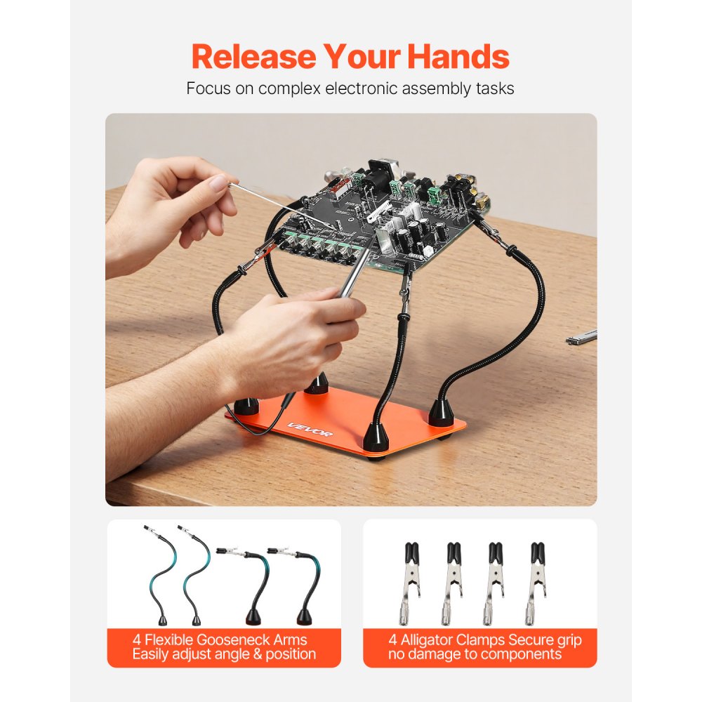 VEVOR Magnetic Helping Hands Soldering Station, 4 Flexible Arms Third Hand Tool, with 6 PCB Pillar Holders & 360 Hot