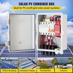 VEVOR PV Combiner Box, 4 String, Solar Combiner Box with 15A Rated Current Fuse 63A Circuit Breaker Lightning Arrester