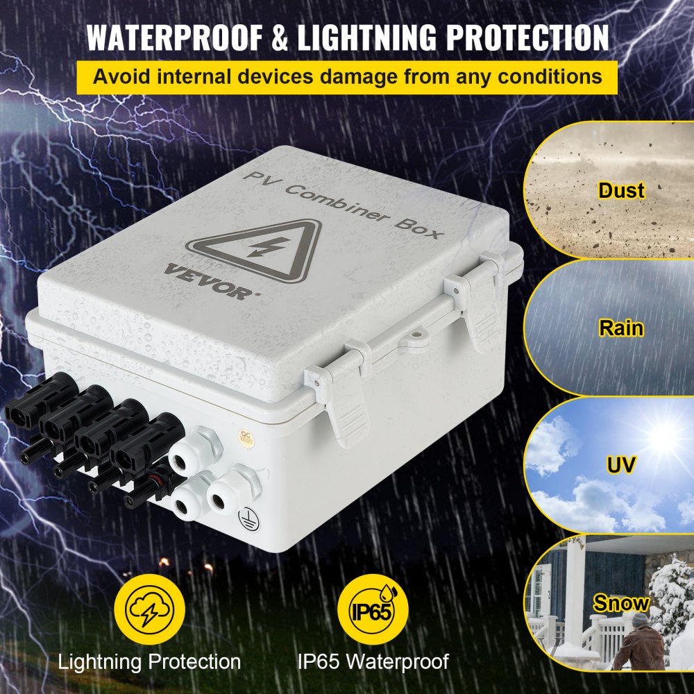 VEVOR PV Combiner Box, 4 String, Solar Combiner Box with 15A Rated Current Fuse 63A Circuit Breaker Lightning Arrester