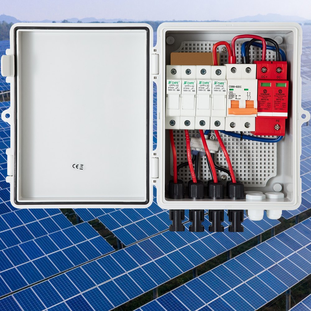 VEVOR PV Combiner Box, 4 String, Solar Combiner Box with 15A Rated Current Fuse 63A Circuit Breaker Lightning Arrester