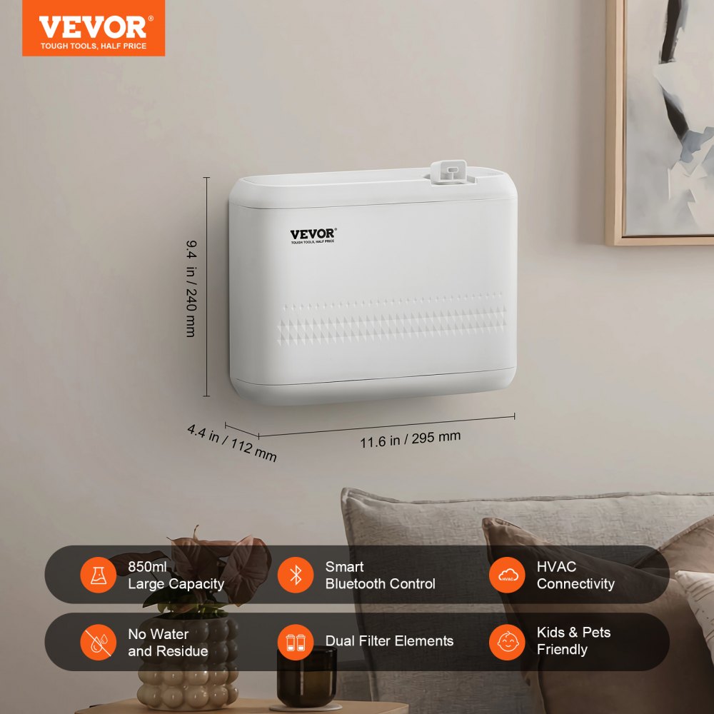 VEVOR Scent Air Machine, 850ml Bluetooth Smart Essential Oil Diffuser, 5000sq.ft Waterless HVAC Scent Diffuser with