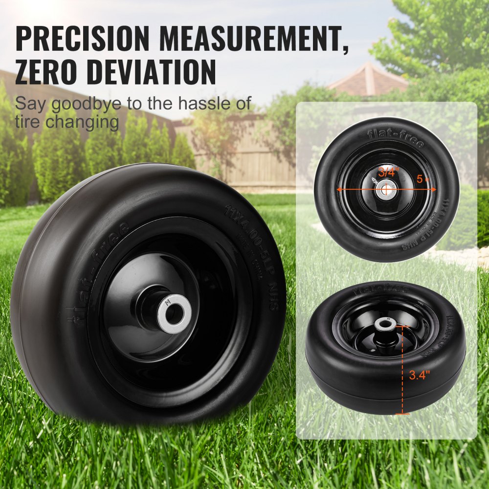 VEVOR Tubeless Mower Wheels, 11x4-5" Size, Pair of Flat-Free PU Tires on Rims, 3.4" Hub, 3/4" Bushing, Includes 20