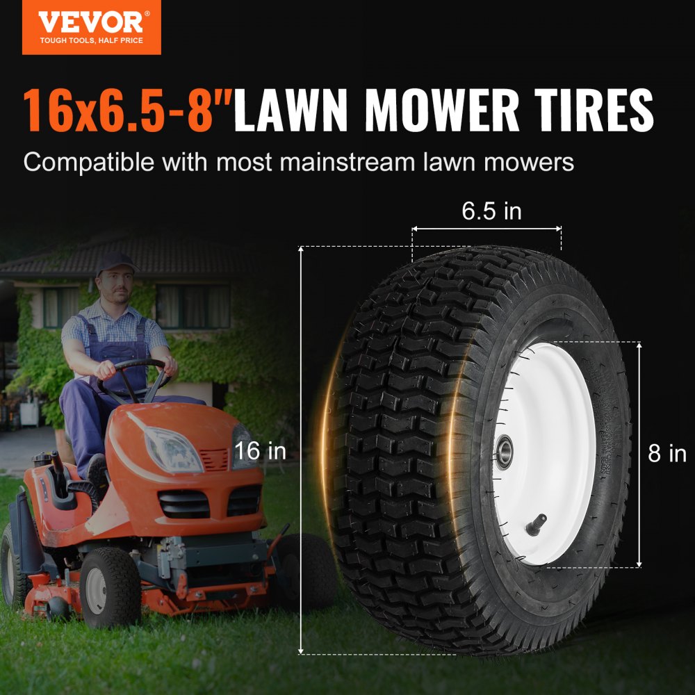 VEVOR Lawn Mower Tires with Rim, 16x6.5-8" Tubeless Tractor Tires, 2-Pack Tire and Wheel Assembly, Turf Pneumatic
