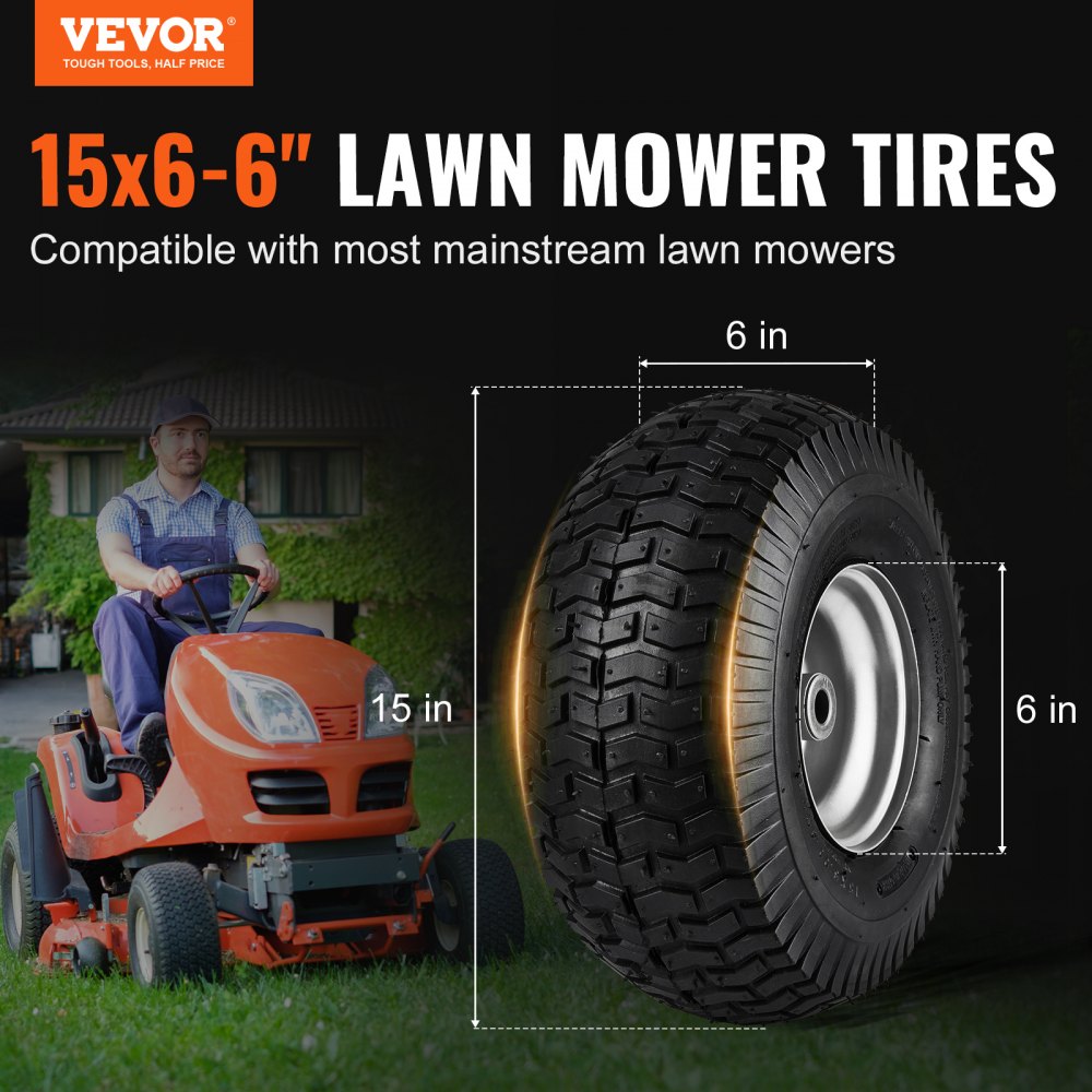 VEVOR Lawn Mower Tires, 15x6-6" Lawn Tractor Tires, 2-Pack Tire and Wheel Assemblies, Turf Pneumatic Tires with 3"