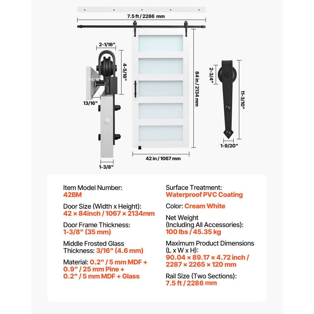 VEVOR Sliding Barn Door, 42 x 84 inch, High-Strength MDF Panel and Glass, Barn Door with Hardware Kit, Water-Proof PVC