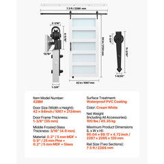 VEVOR Sliding Barn Door, 42 x 84 inch, High-Strength MDF Panel and Glass, Barn Door with Hardware Kit, Water-Proof PVC