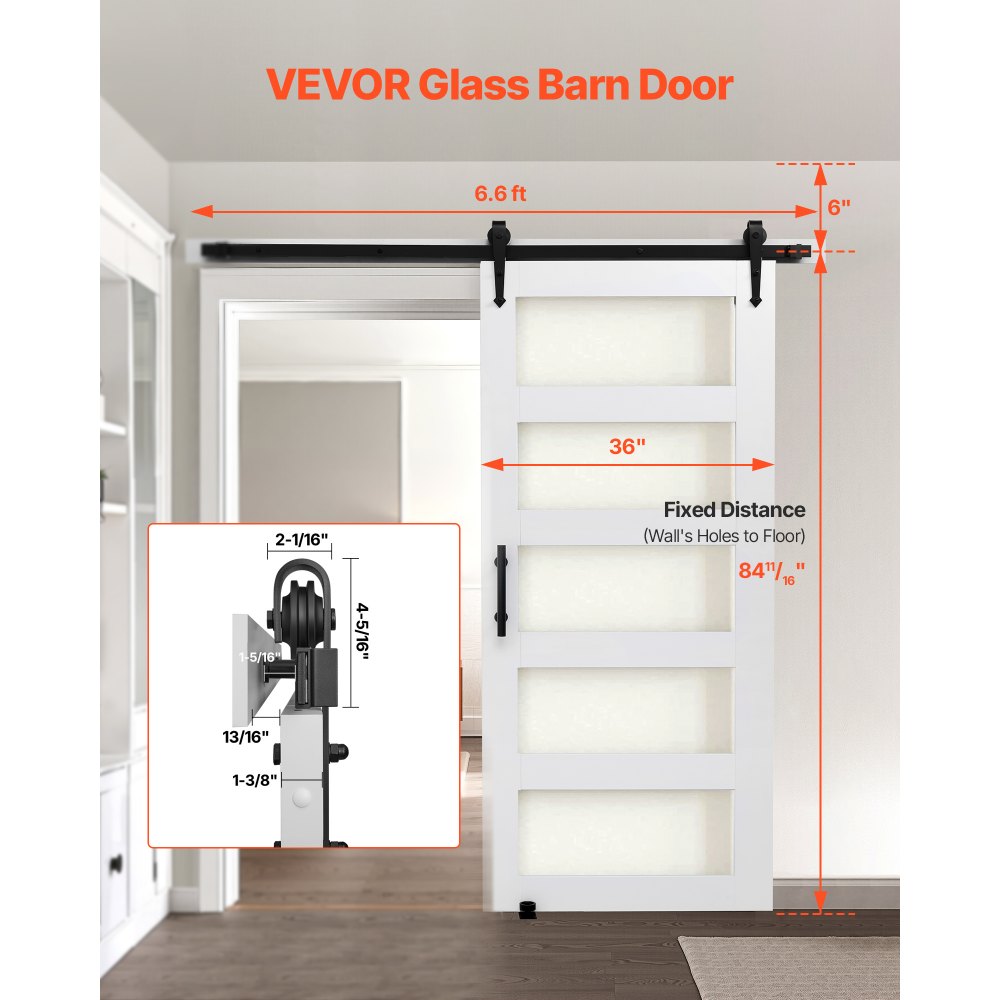 VEVOR Sliding Barn Door, 36 x 84 inch, High-Strength MDF Panel and Glass, Barn Door with Hardware Kit, Water-Proof PVC