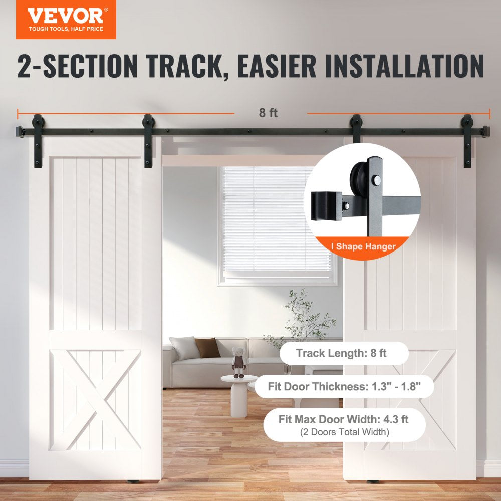 VEVOR 8FT Sliding Barn Door Hardware Kit, 330LBS Heavy Duty Barn Door Track Kit for Double Doors, Fit 3.7-4.3FT Total
